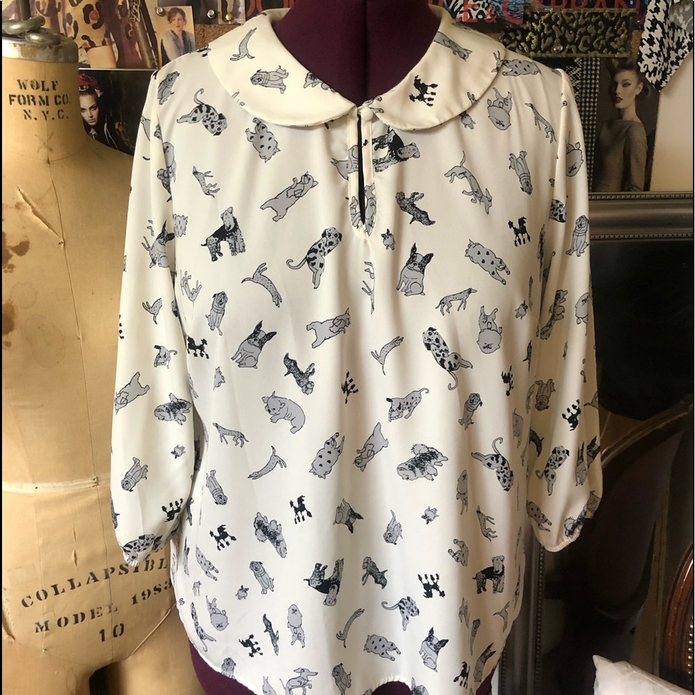 ModCloth Black & White Dog Blouse Sz L